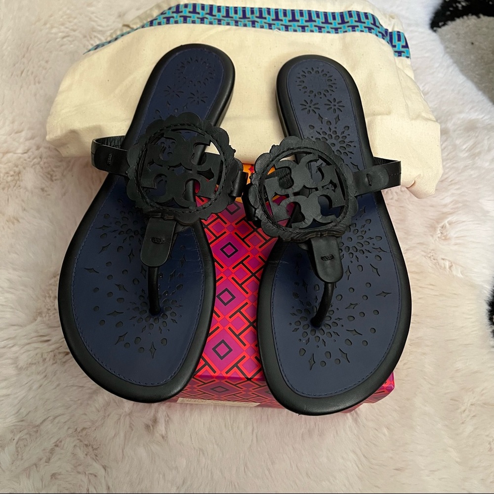 Tory Burch Black/Navy Scalloped Miller Sandals 9.5